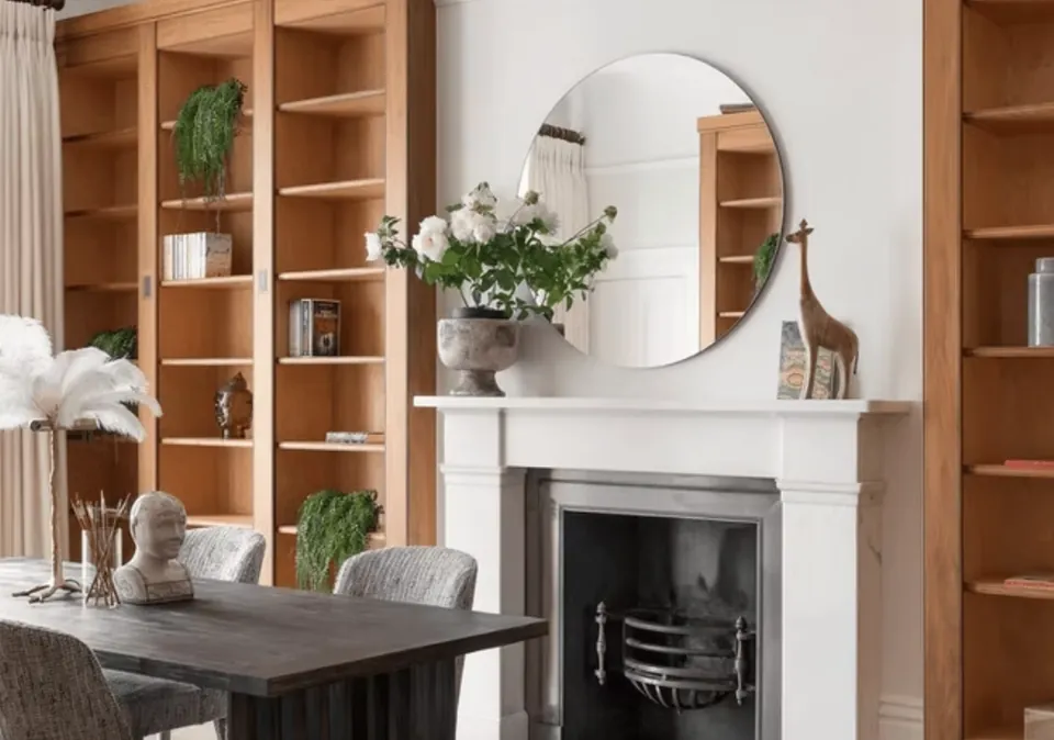 Dining table beside a fireplace framed by full-height timber shelving