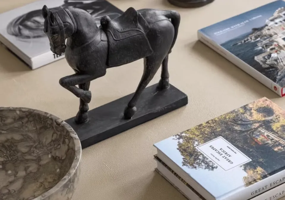 Books, a stone bowl and a carved horse on a coffee table